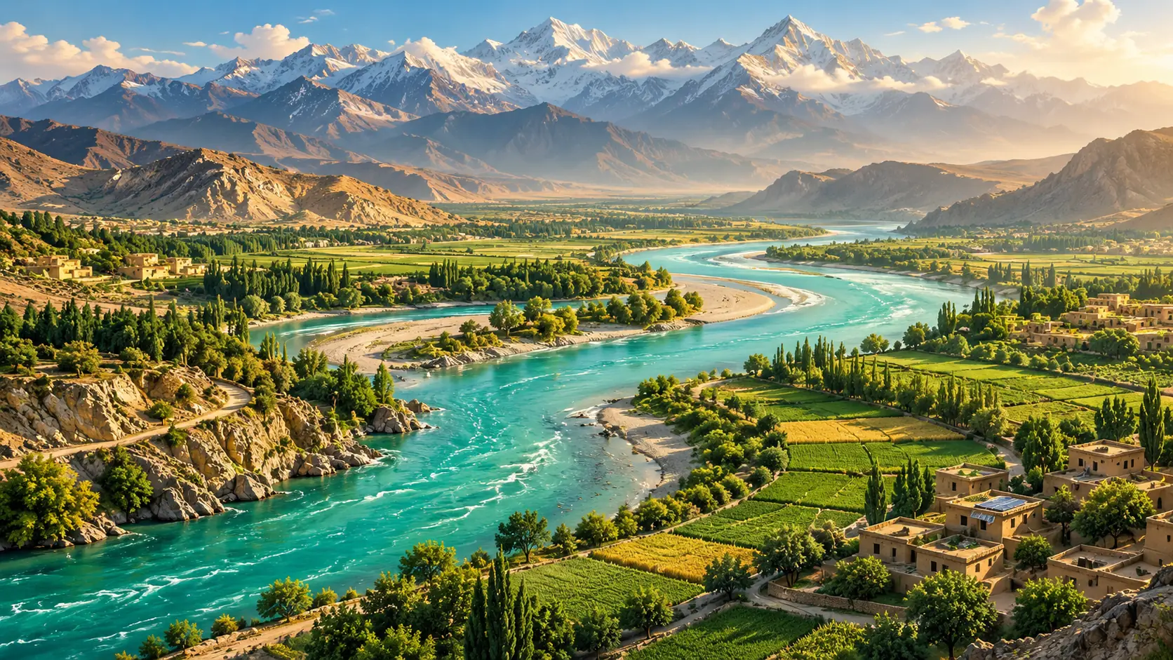 An original conceptual illustration of a river, farms, mountain landscapes and solar rooftops inspired by Pakistan